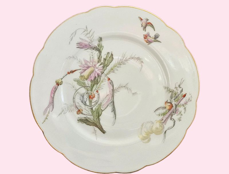 Antique 19th Century French Hand-Painted Salad Plates, Birds &amp; Florals, Set of 6