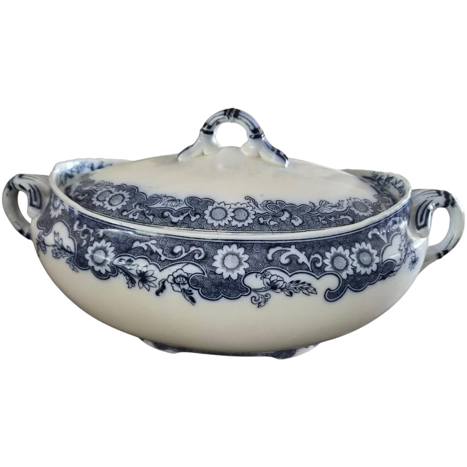 Antique George Jones Blue Floral Tureen, Victorian Transferware Serving Dish