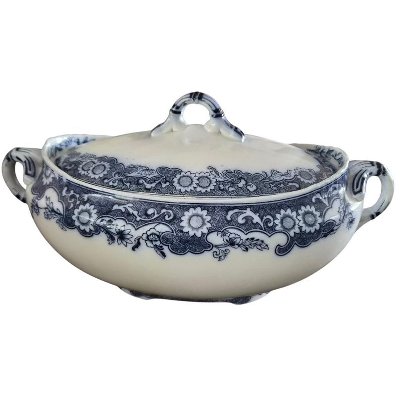 Antique George Jones Blue Floral Tureen, Victorian Transferware Serving Dish