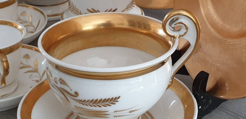 Antique Empire French Porcelain Tea Set, Hand-Painted Gold, 19th Century