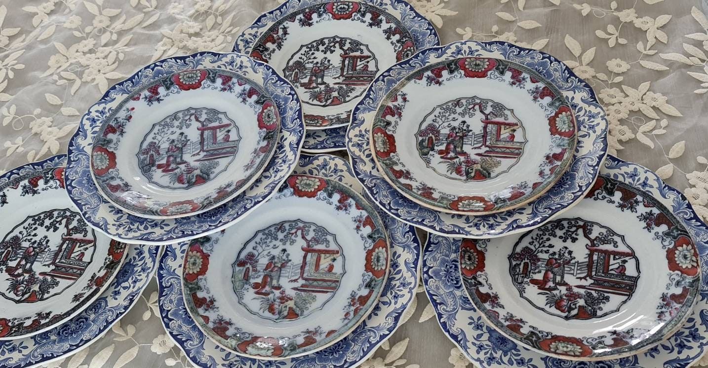 Antique Boch Frères Mismatched Plate Set, Chinoiserie Decor
