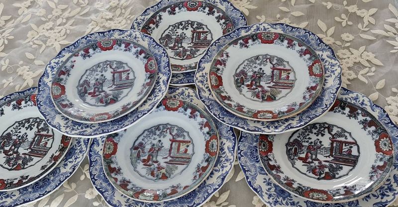 Antique Boch Frères Mismatched Plate Set, Chinoiserie Decor