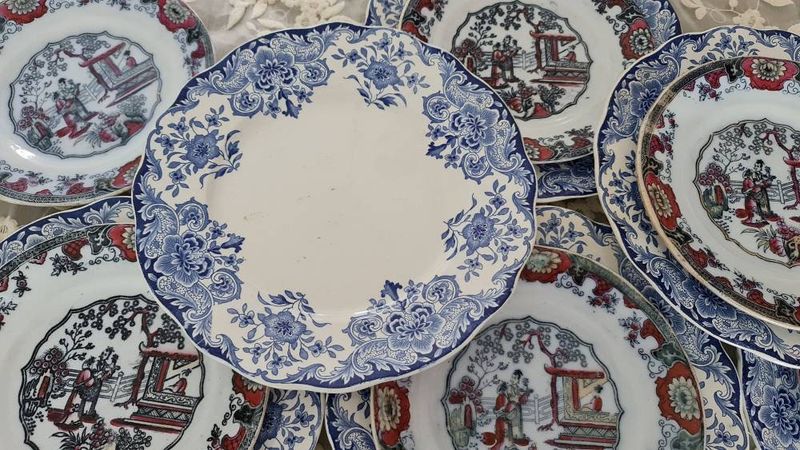 Antique Boch Frères Mismatched Plate Set, Chinoiserie Decor