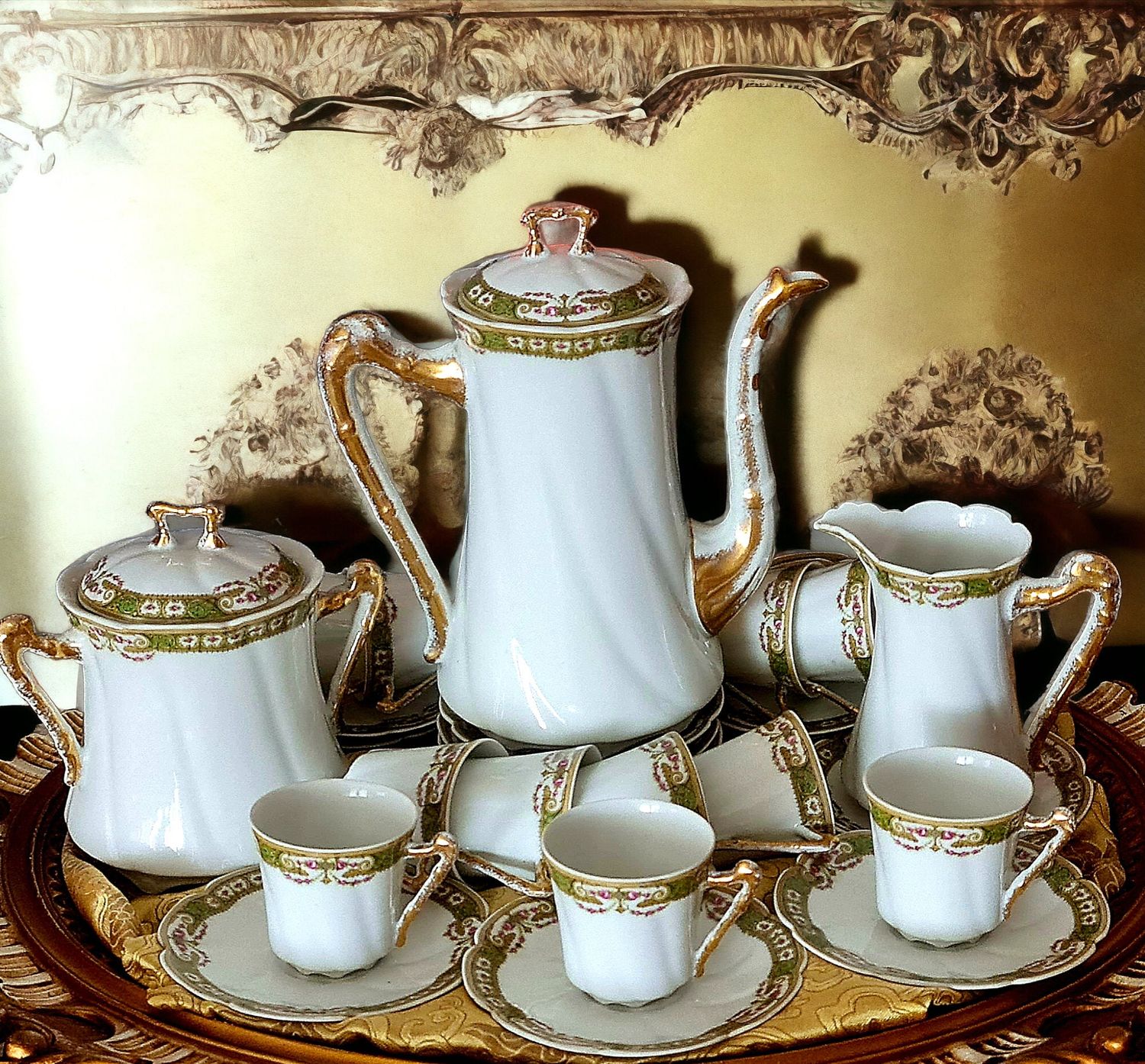 Antique French Limoges Tea and Coffee Set, Gold Gilded, Service for 10