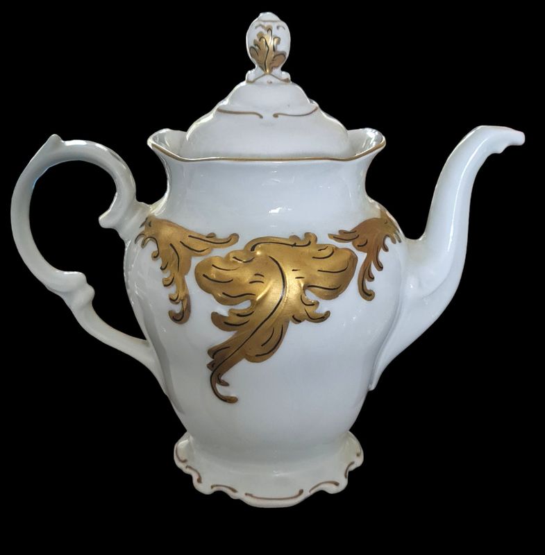 Rococo Bohemian Porcelain Tea Set, Raised Gold Foliate Decor, 15 Pieces