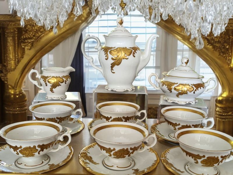 Rococo Bohemian Porcelain Tea Set, Raised Gold Foliate Decor, 15 Pieces