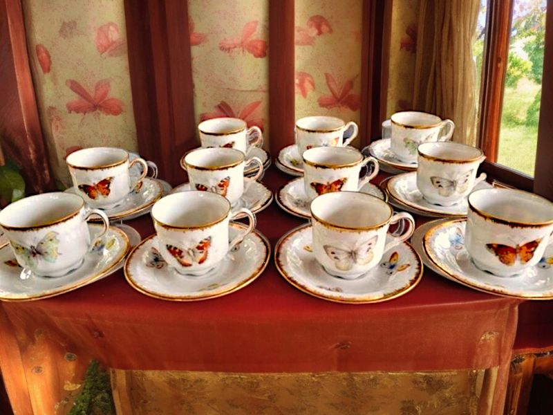 Kronester Bavarian Butterfly Cups and Saucers, Gold Trim, Set of 10