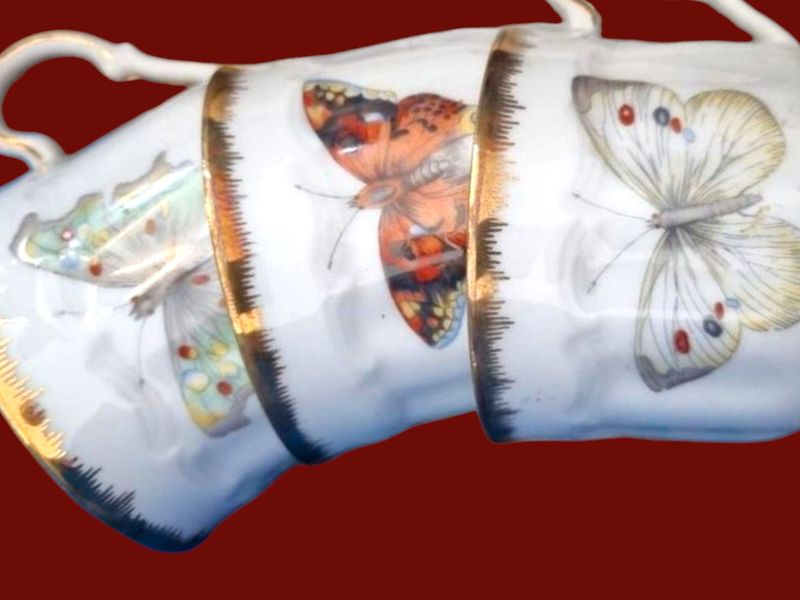 Kronester Bavarian Butterfly Cups and Saucers, Gold Trim, Set of 10