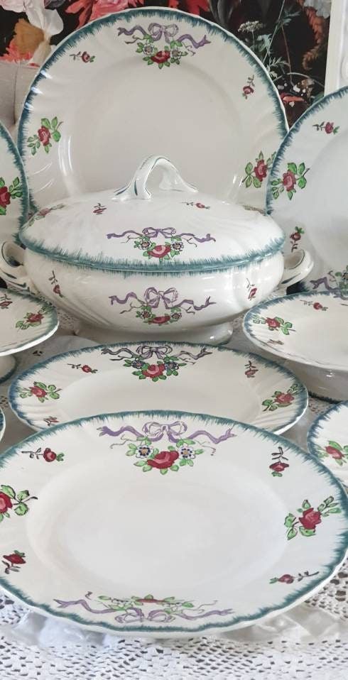 Antique Longwy French Faience Dinner Set, Green Rim Violet Ribbon