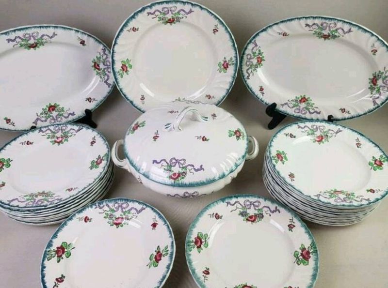 Antique Longwy French Faience Dinner Set, Green Rim Violet Ribbon
