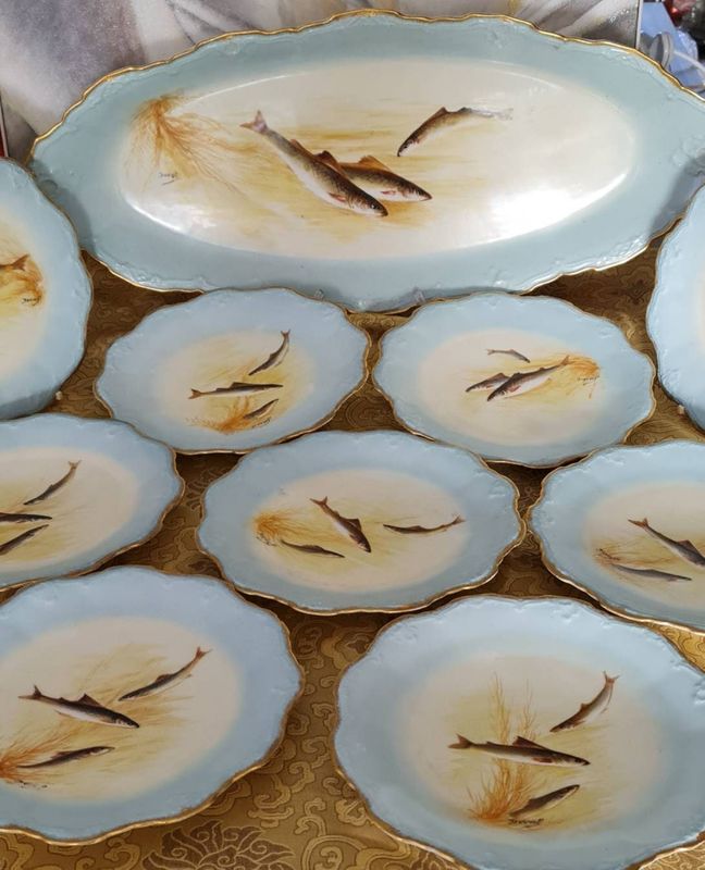 Antique Limoges Fish Dinner Set, Artist Duval Hand-Painted, Baby Blue &amp; Gold