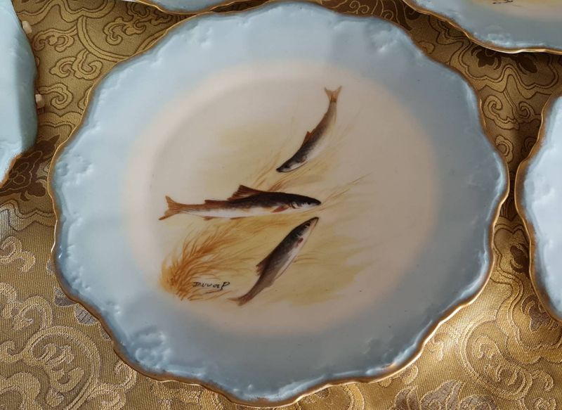 Antique Limoges Fish Dinner Set, Artist Duval Hand-Painted, Baby Blue &amp; Gold