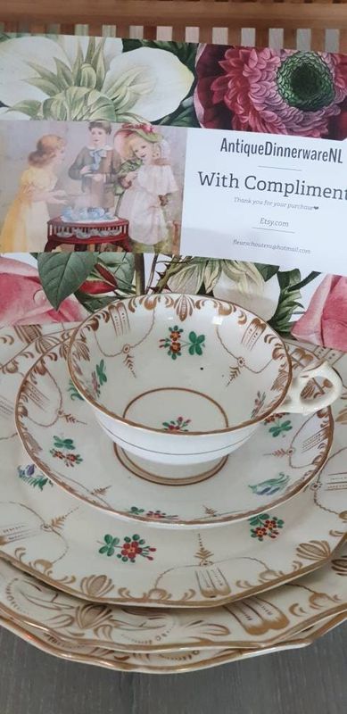 Hand Painted Victorian Bone China Tea Set, Flowers and Gold Scrolls, Made in England