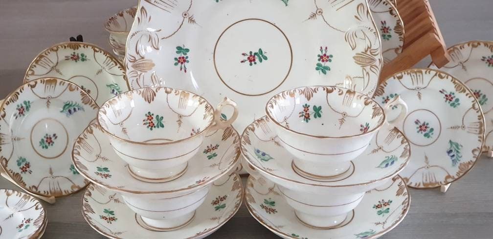 Hand Painted Victorian Bone China Tea Set, Flowers and Gold Scrolls, Made in England