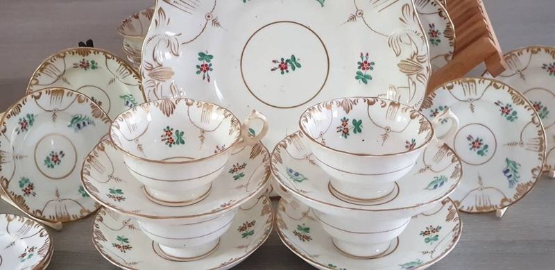 Hand Painted Victorian Bone China Tea Set, Flowers and Gold Scrolls, Made in England