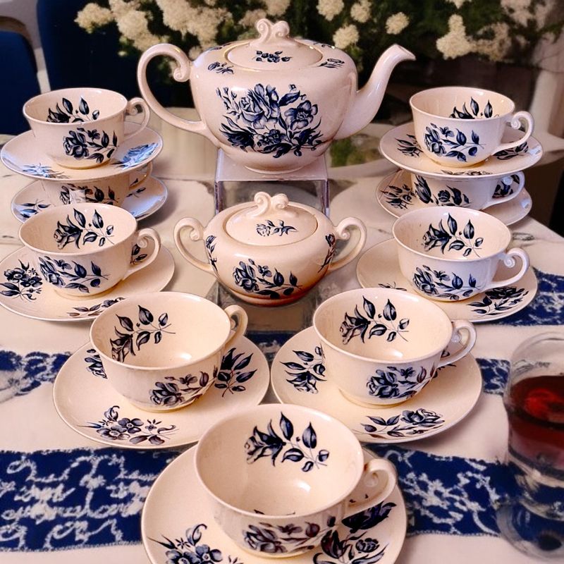 Vintage Petrus Regout Maastricht "Bouquet Bleu" Tea Set, 1940s Dutch Pottery