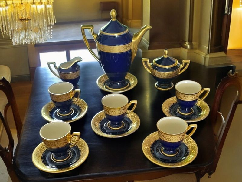 Rare Waldershof German Cobalt Coffee Set, Hand-Painted Gold, 13 Pieces