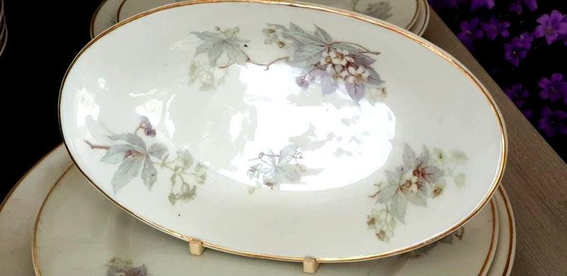 Antique Fuisseaux Baudour Dinner Service, Lavender Flower Sprays, Gold Trim