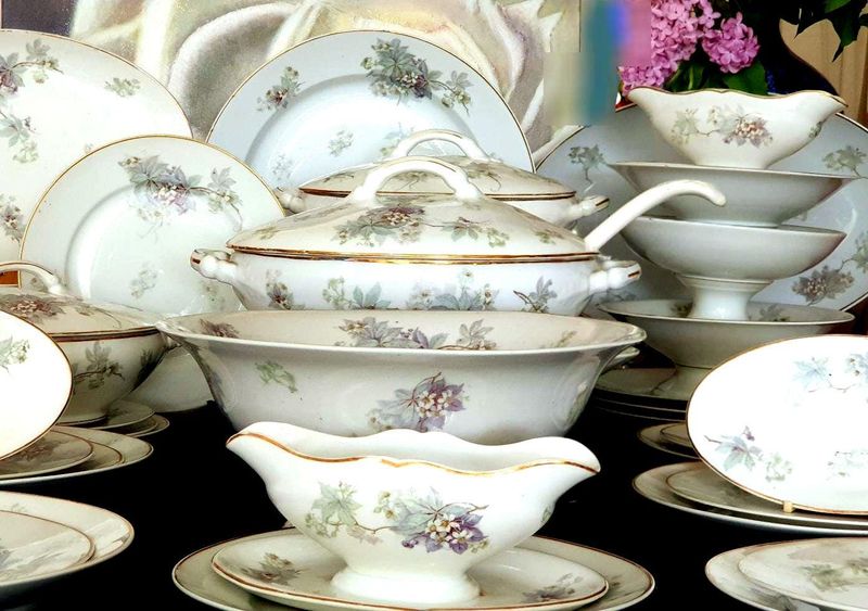 Antique Fuisseaux Baudour Dinner Service, Lavender Flower Sprays, Gold Trim
