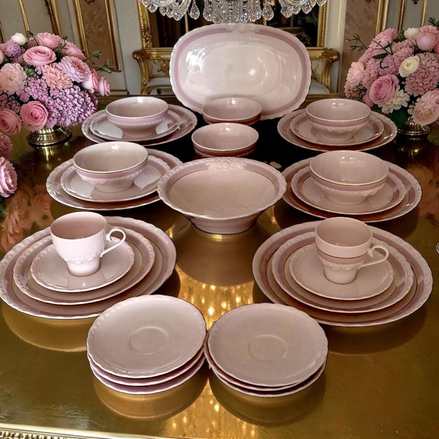 Hutschenreuther German Pink Porcelain Dinner Set for 6, Gold Trim
