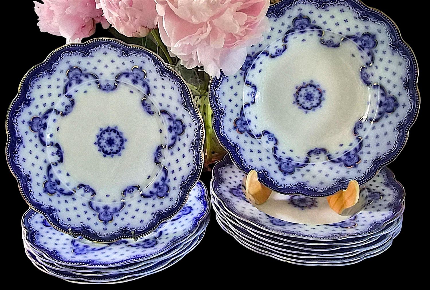 Antique W.H. Grindley Flow Blue "Keele" Dinner Plates, Set of 14