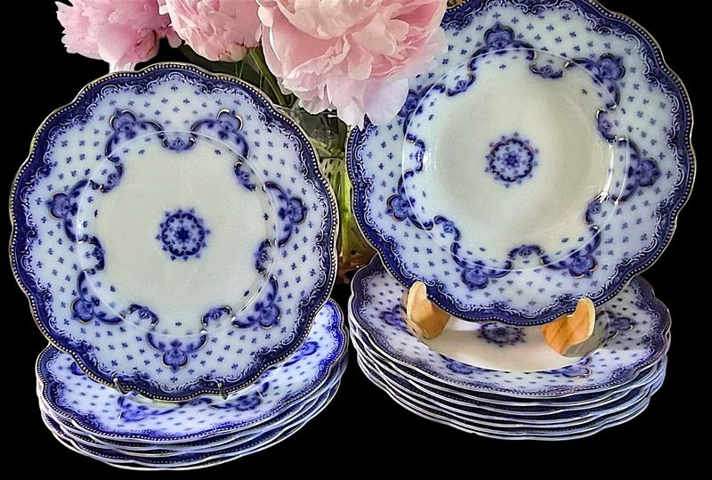 Antique W.H. Grindley Flow Blue "Keele" Dinner Plates, Set of 14