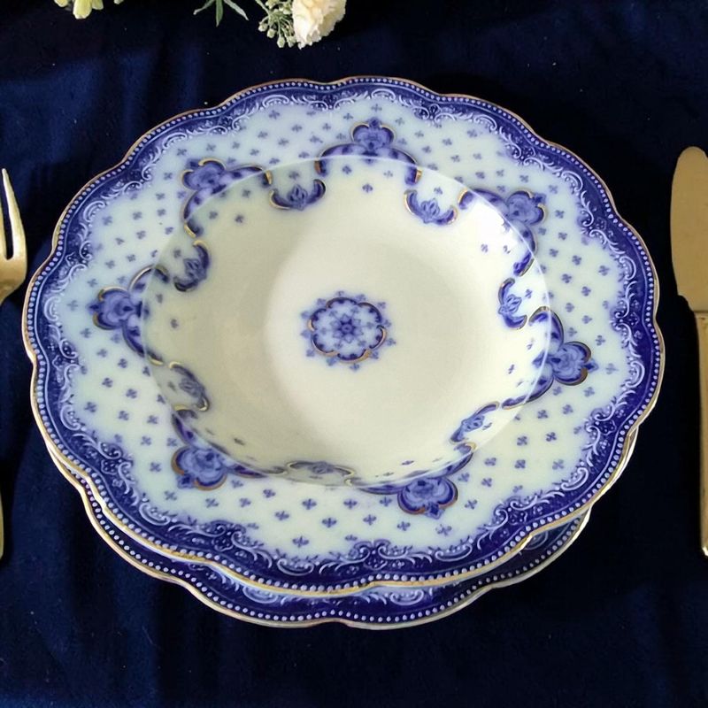 Antique W.H. Grindley Flow Blue "Keele" Dinner Plates, Set of 14