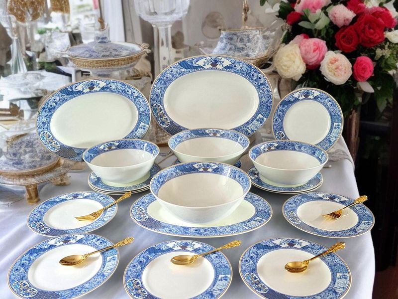 Hutschenreuther "Concorde" Dessert Set, Blue &amp; Gold Chinoiserie Bone China