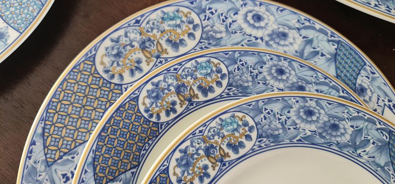 Hutschenreuther "Concorde" Dessert Set, Blue &amp; Gold Chinoiserie Bone China