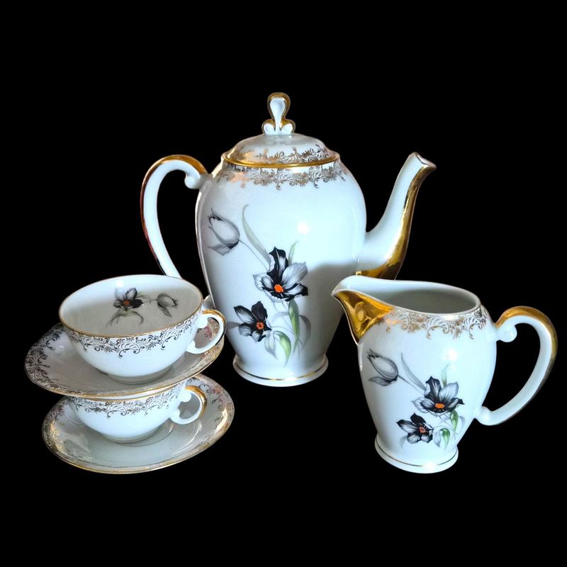 French Limoges Porcelain Tea Set for 8 – Black Iris &amp; Gold Decoration