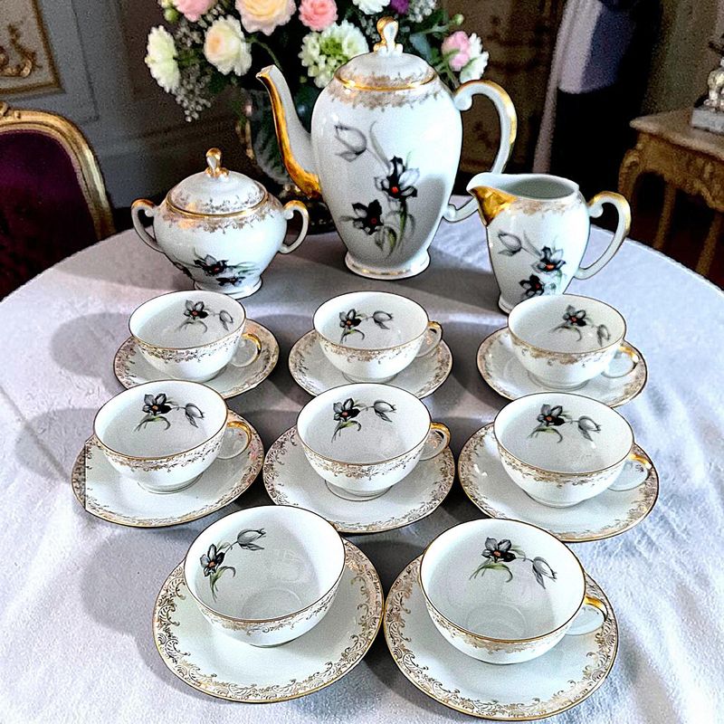 French Limoges Porcelain Tea Set for 8 – Black Iris &amp; Gold Decoration