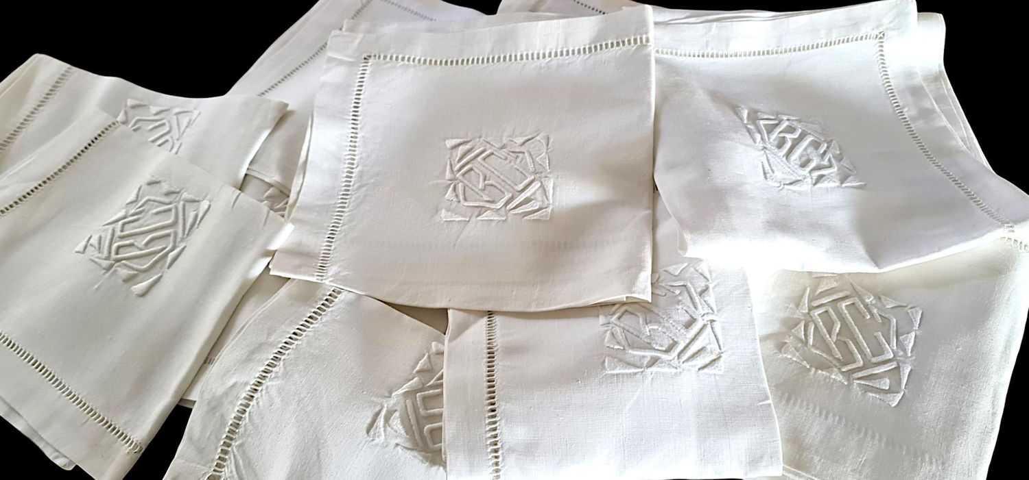 Antique French Linen Napkins, Monogrammed , Set of 10