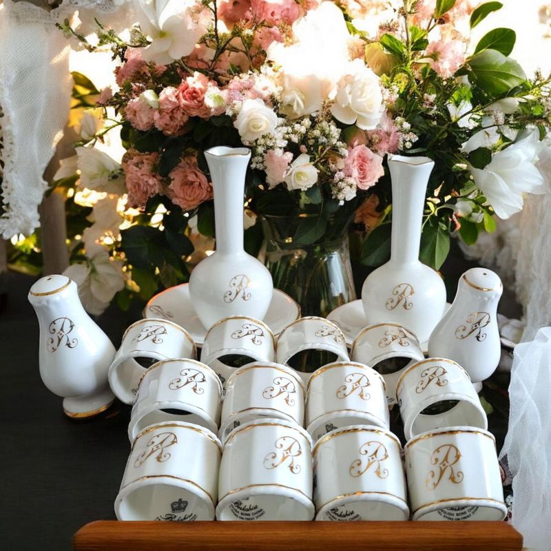 Berkshire English Bone China Set, Monogrammed Napkin Rings, Vases, Condiment Set
