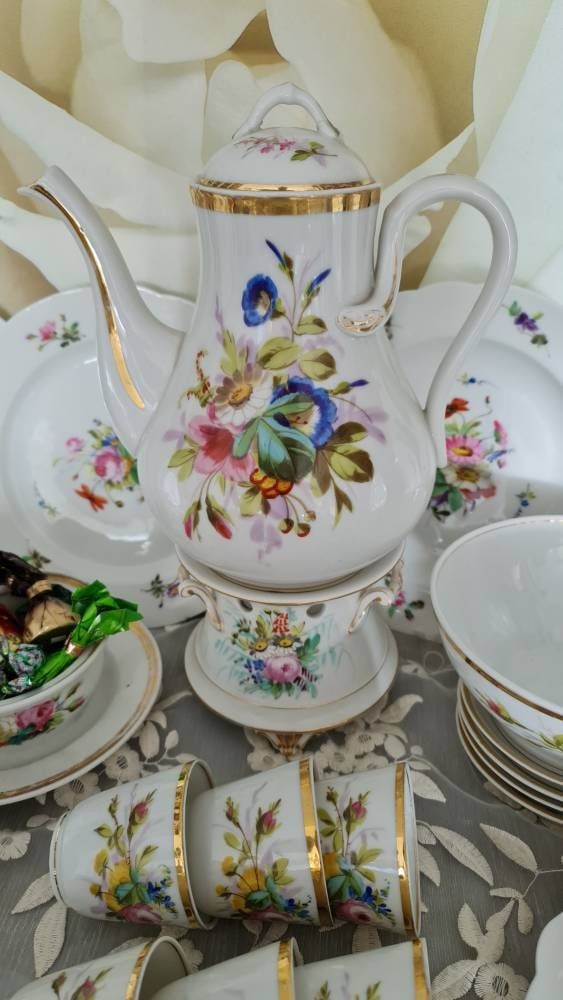 Antique Parisian Porcelain Tea Set – Hand-Painted Floral Victorian Service