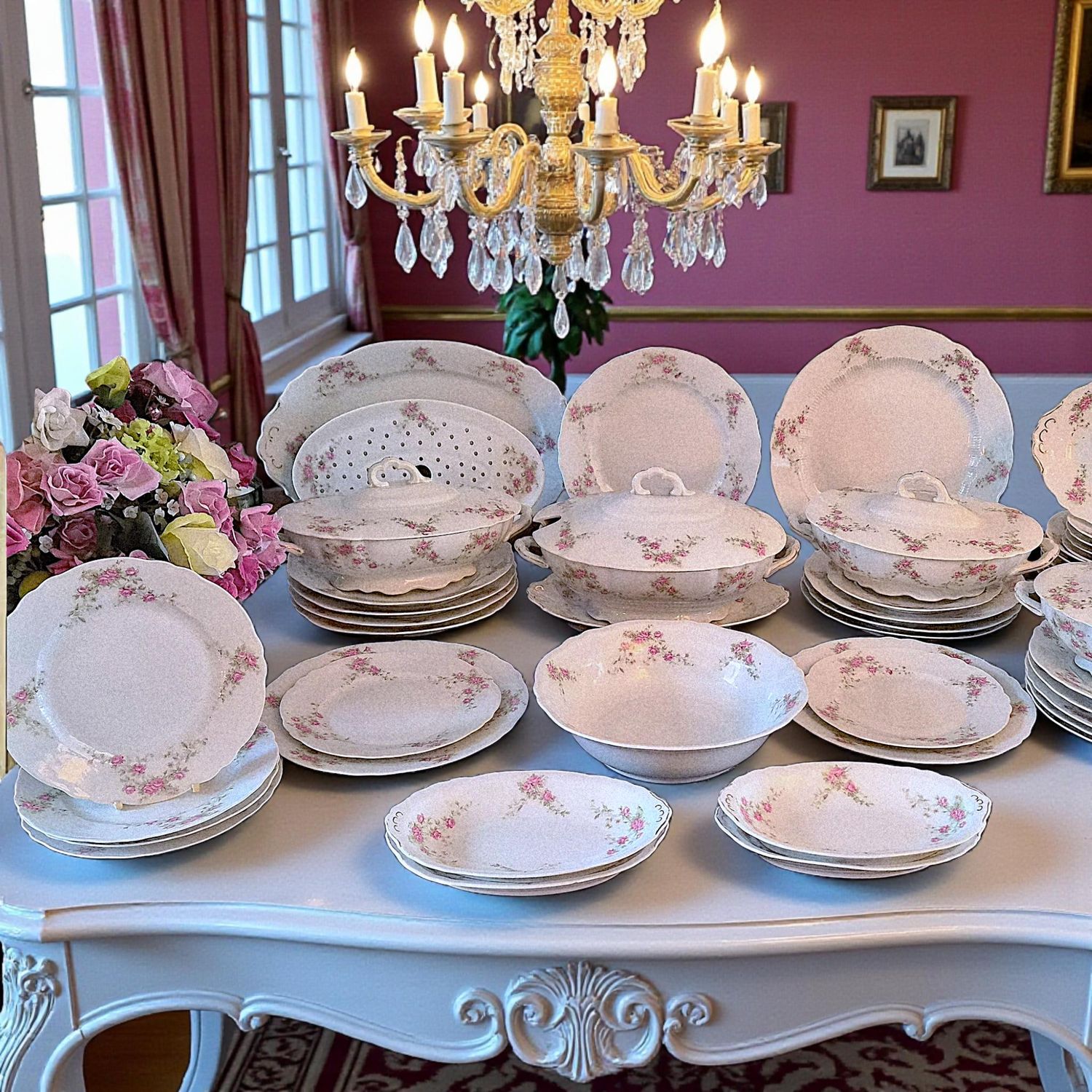 Antique Royal Austria Porcelain Dinner Set, Pink Rose Sprays &amp; Gold Trim, c.1900