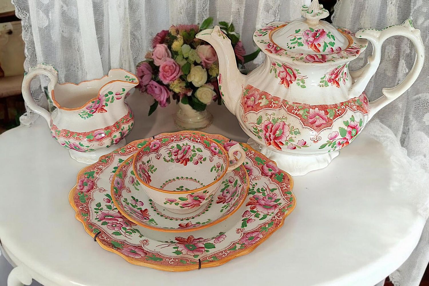 Victorian Hand-Painted Tea Set, Teapot, Creamer, Cup &amp; Serving Plate