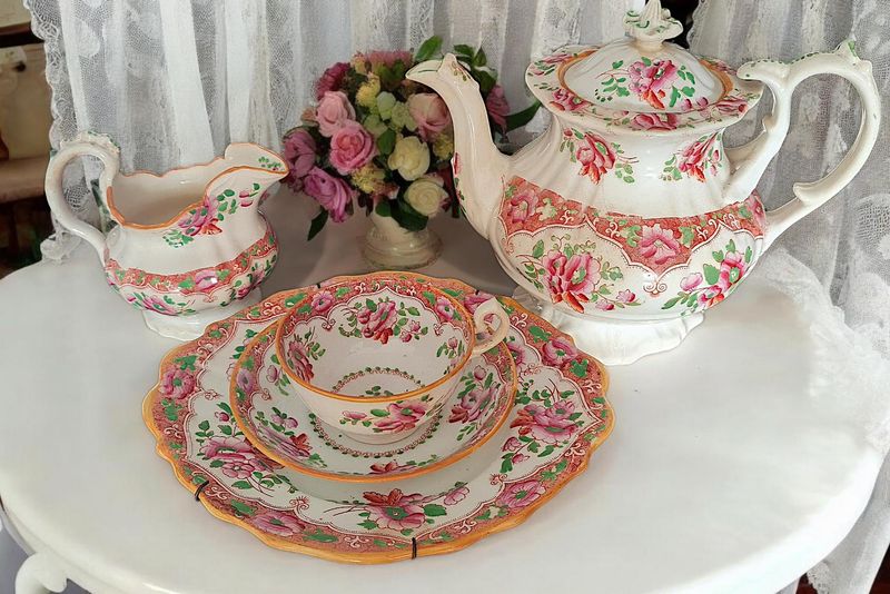Victorian Hand-Painted Tea Set, Teapot, Creamer, Cup &amp; Serving Plate