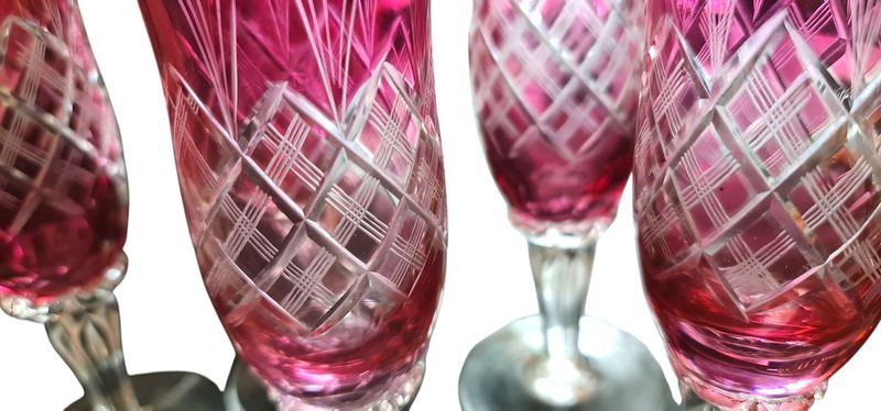Bohemian Crystal Champagne Flutes, Cranberry Colour, Engraved, Set of 5