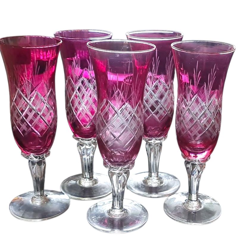 Bohemian Crystal Champagne Flutes, Cranberry Colour, Engraved, Set of 5