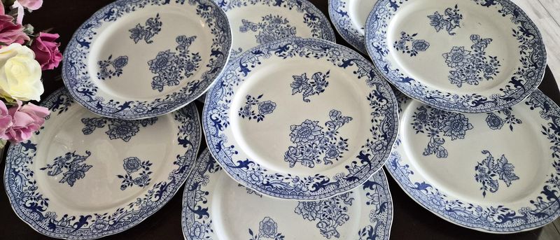 Antique French Longwy "Chinois" Faience Dinner Plates, Set of 8, Circa 1880, Blue &amp; White Transferware