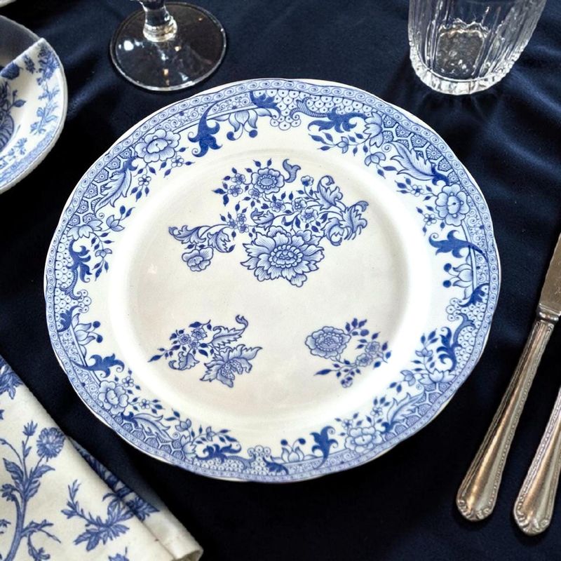 Antique French Longwy "Chinois" Faience Dinner Plates, Set of 8, Circa 1880, Blue &amp; White Transferware