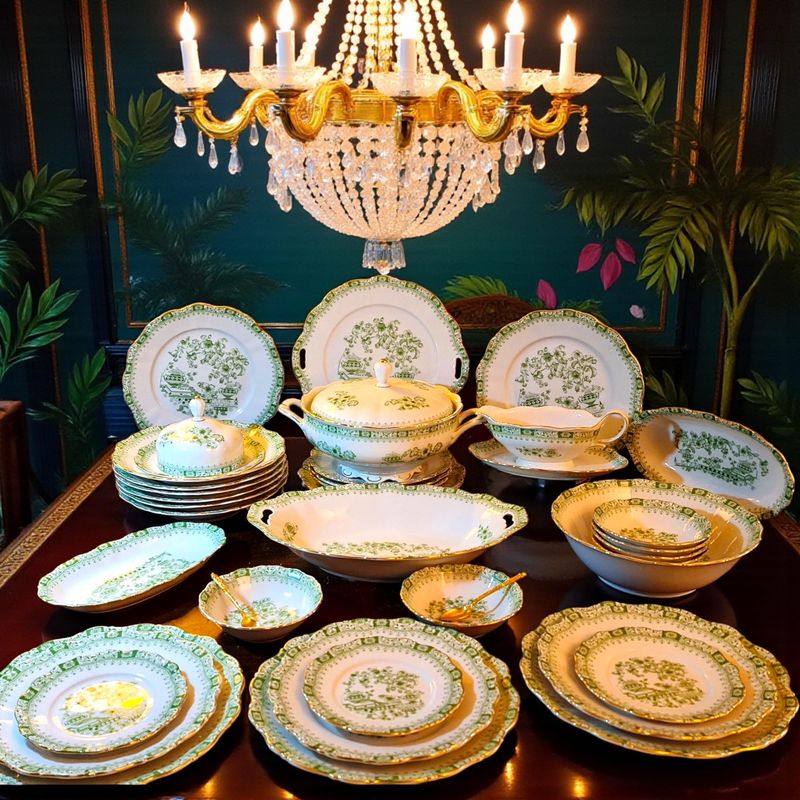 Seltmann Weiden Green Chinoiserie 42-Piece Dinner Set, Bavarian Porcelain, Gold Trim