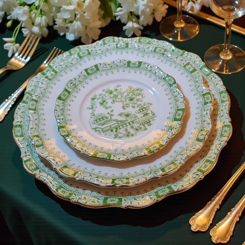 Seltmann Weiden Green Chinoiserie 42-Piece Dinner Set, Bavarian Porcelain, Gold Trim