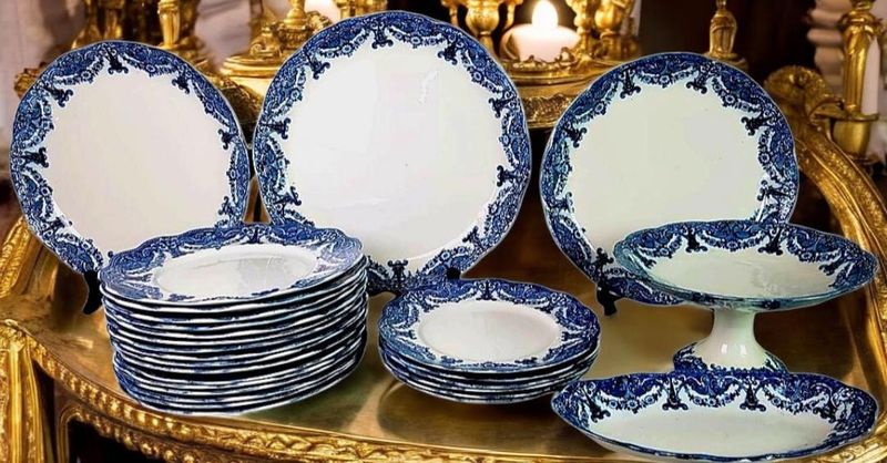 Antique Bishop &amp; Stonier Blue Dinner Set, English China, 1890s