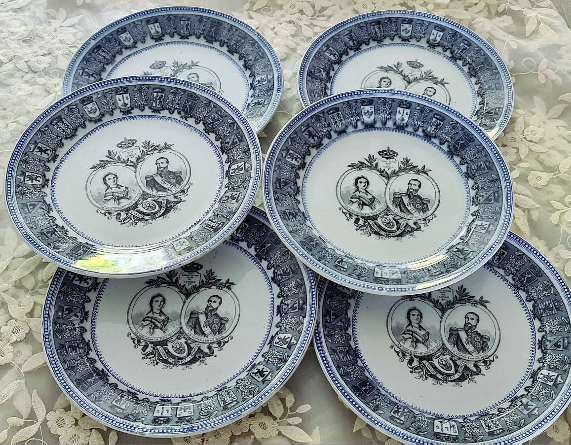 Antique Boch Dinner Plates, King Leopold &amp; Queen Marie, Set of 6