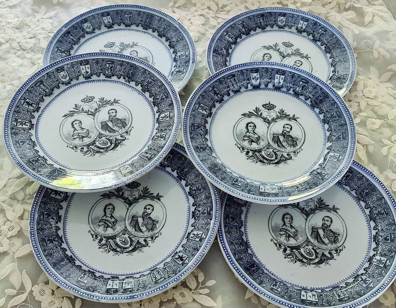 Antique Boch Dinner Plates, King Leopold &amp; Queen Marie, Set of 6