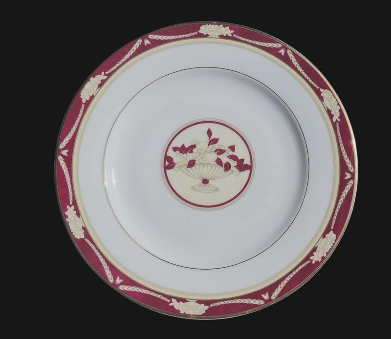 French Limoges "Amboise Red" Dessert Plates, Gold Trim, Set of 5