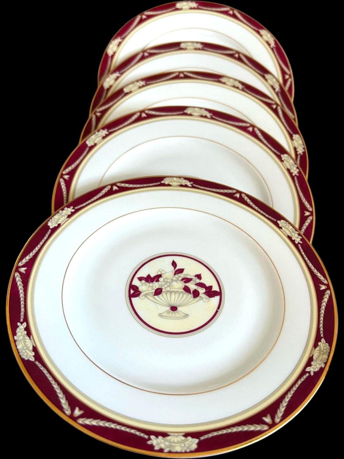 French Limoges "Amboise Red" Dessert Plates, Gold Trim, Set of 5