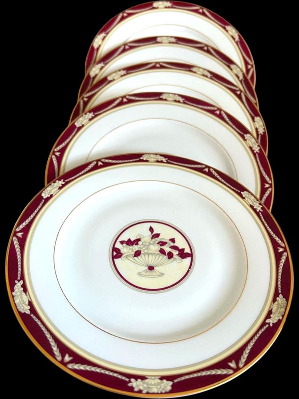 French Limoges "Amboise Red" Dessert Plates, Gold Trim, Set of 5