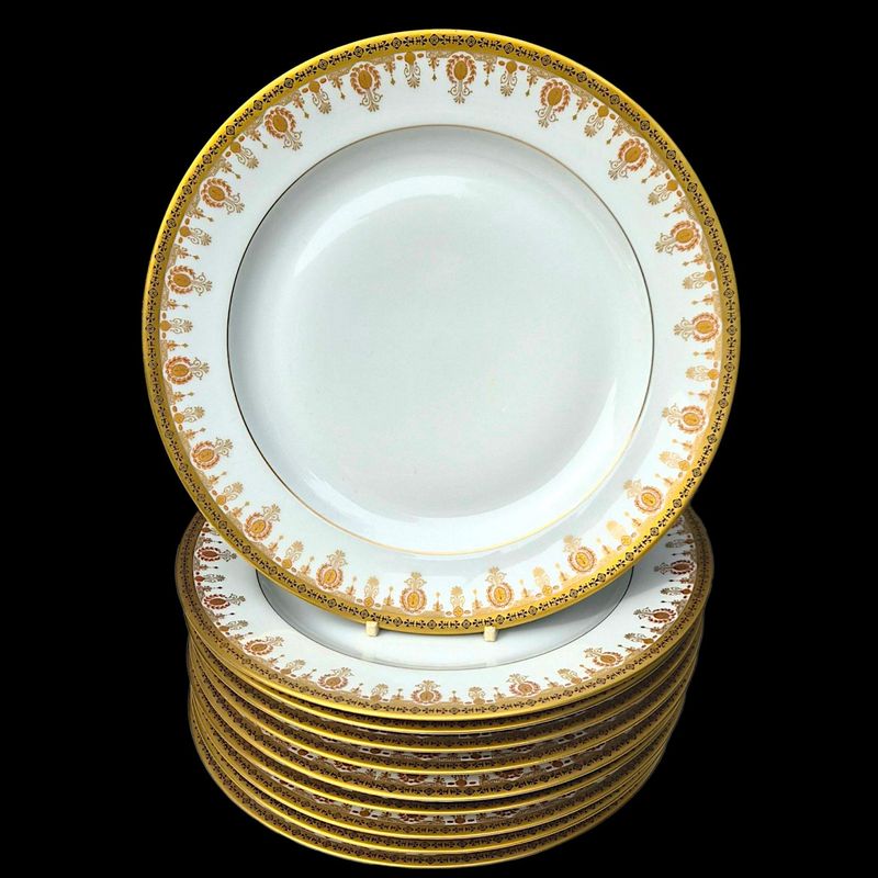 Limoges Chastagner Porcelain Dinner Plates, Gold Trim, Set of 10